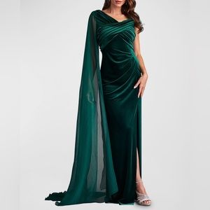 Pleated Crossover Cape Velvet Gown